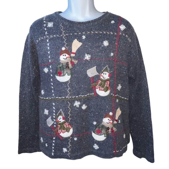 VINTAGE 90s Victoria Jones Shoveling Snowman Ugly Christmas Sweater Size Medium - Picture 1 of 5